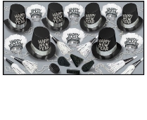 Tuxedo-Nite New Year Assortment for 10 Tuxedo-Nite Assortment, tuxedo, black and white, party favor, hat, tiara, horn, noisemakers, serpentine, wholesale, inexpensive, bulk, new year's eve, party kit, nye, new year