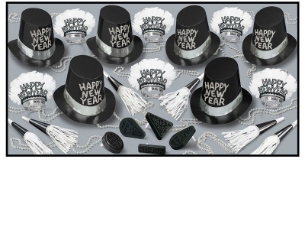 Tuxedo-Nite New Year Assortment for 10 Tuxedo-Nite Assortment, tuxedo, black and white, party favor, hat, tiara, horn, noisemakers, serpentine, wholesale, inexpensive, bulk, new years eve, party kit, nye, new year