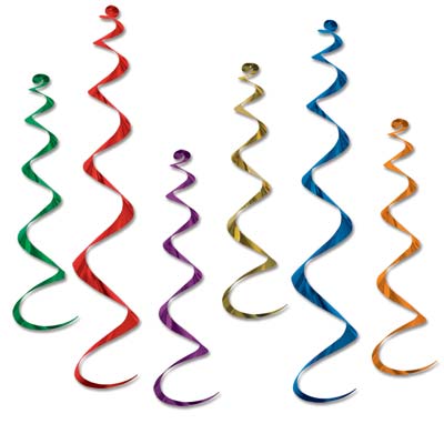 Assorted colored whirls for ceiling hanging.