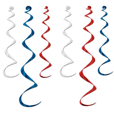 Metallic blue, silver and red whirls for ceiling decoration.