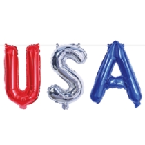 USA Balloon Streamer (Pack of 12) USA balloon streamer, patriotic balloon letters, red silver blue balloons, foil USA balloons, 13 x 3 streamer, patriotic party supplies, Fourth of July decorations, Memorial Day décor, air-inflate balloons, Party Express patriotic decorations