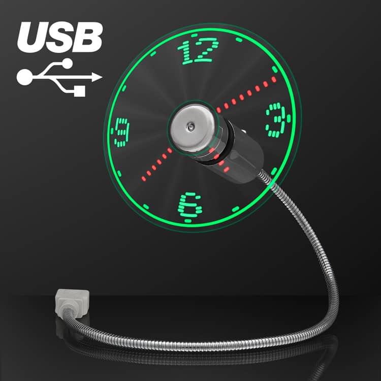 USB PoweRed LED Light Clock Desk Fan (Pack of 5) USB clock fan, LED clock fan, light up USB fan, flexible USB fan, desk cooling fan, USB 2.0 fan, LED time display fan, tech desk accessories, Party Express USB fan