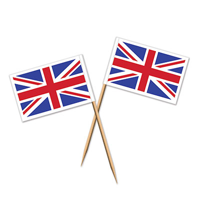 Union jack picks with paper flags and wooden sticks.