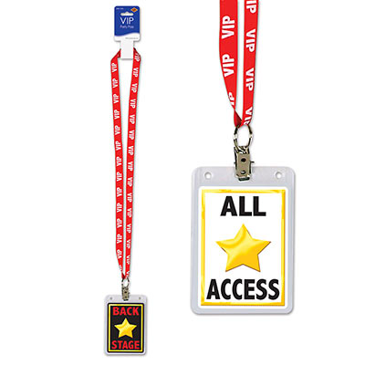Red lanyard that reads "VIP" with badge attached stating "All Access" on one size and "Back Stage" on the other.