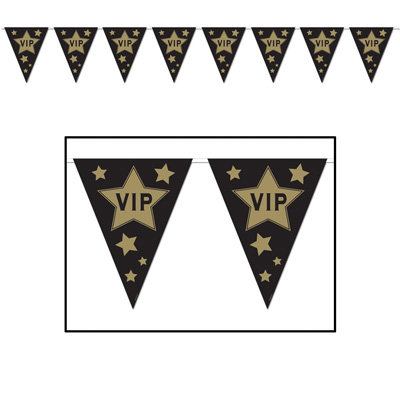 VIP Pennant Banner with black background with gold stars with one stating "VIP".