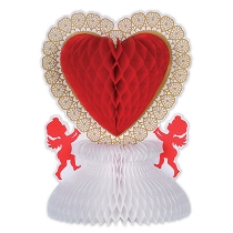 Valentine Day Table Centerpiece with a red heart and lace edging