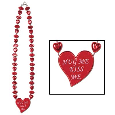 Red Beads Valentine Heart Necklace that says "hug Me Kiss me"