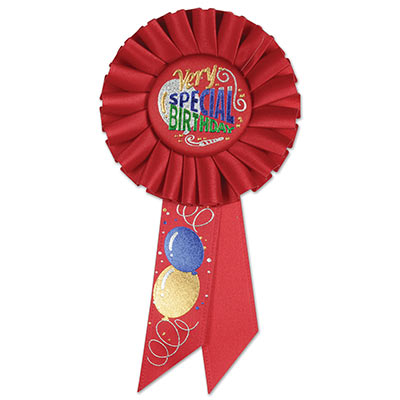 Very Special Birthday Red Rosette with multi colors of metallic lettering and balloon and streamer designs 