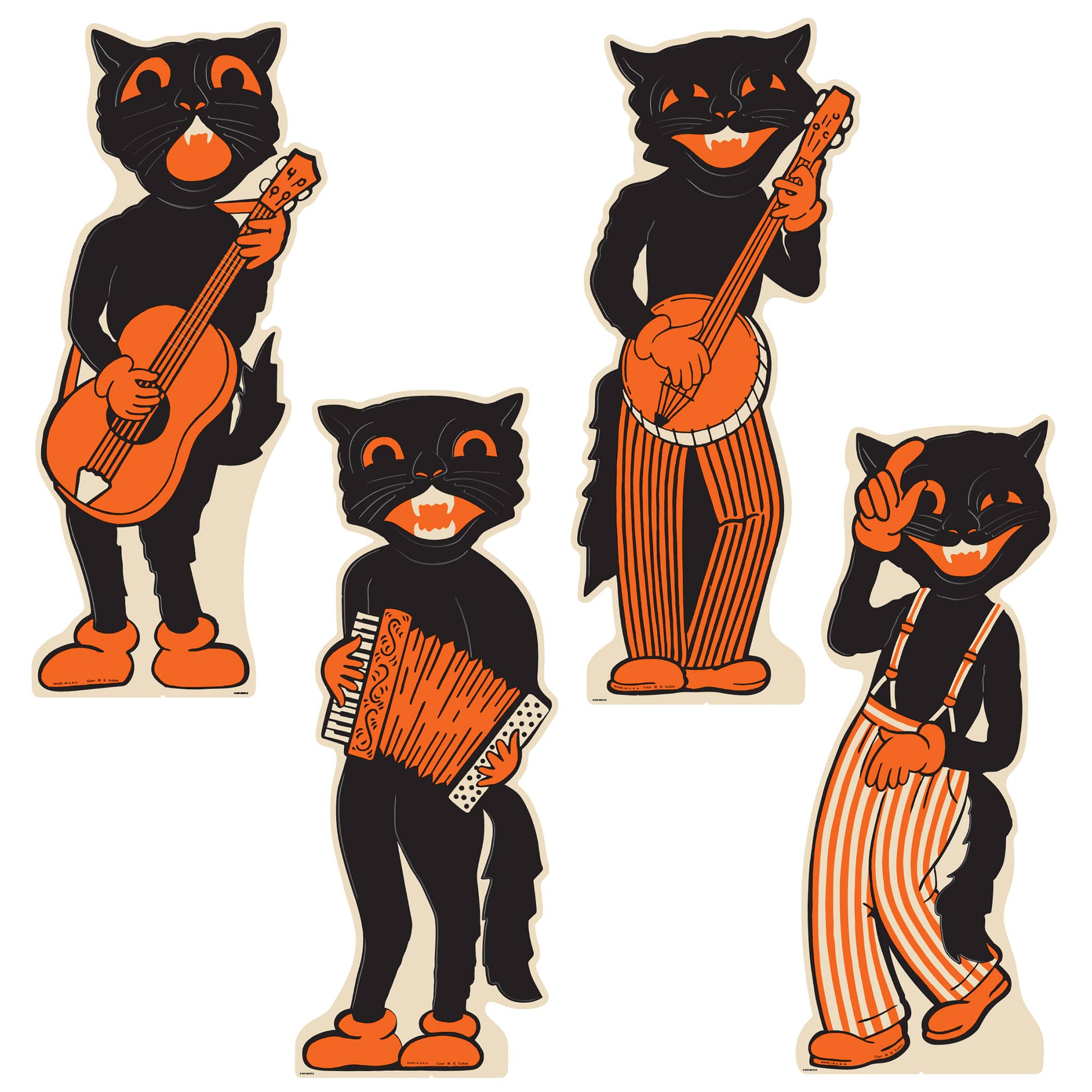 Vintage Halloween Scat Cat Band Stand-Ups (Pack of 16) Vintage Halloween Scat Cat Band Stand-Ups pack of 16. Printed fluted cardboard with easel attached; assembly required. Includes accordion, banjo, dancer, and guitar cat designs.