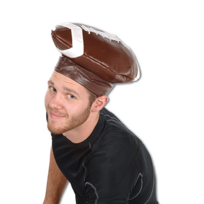 brown and white football shaped leather silly party hat