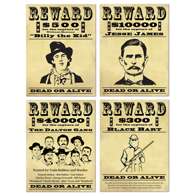 Old time wanted signs of famous people wanted in history.