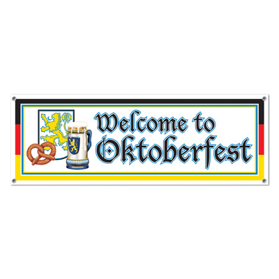 Welcome to Oktoberfest banner with white background and Oktoberfest design of printed traditional items.