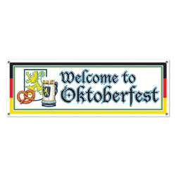 Welcome to Oktoberfest banner with white background and Oktoberfest design of printed traditional items.
