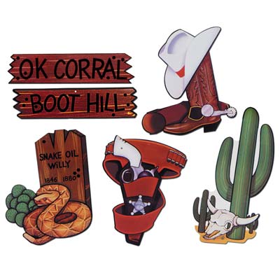 Western Cutouts of boots, cactus, gun, snake, and wooden signs.
