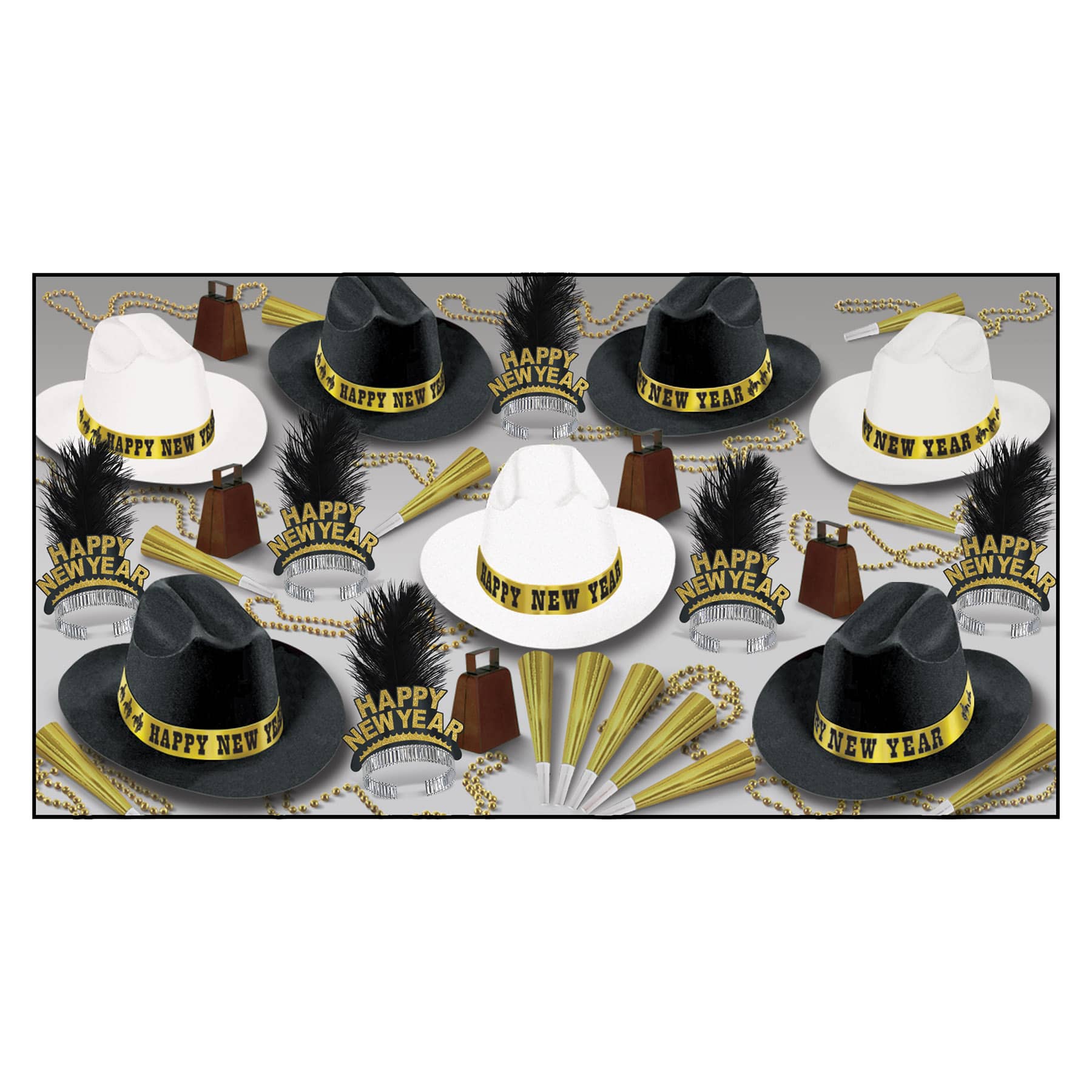 Western themed new years eve party kits with black and white cowboy hats