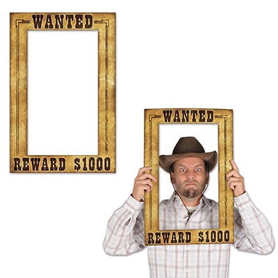 Western Wanted Photo Fun Frame with a wood look and printed "Wanted Reward $1000" in black.