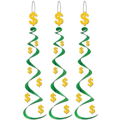 Green metallic whirl with gold dollar signs attached.