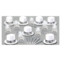 White Ice New Year Assortment For 50 white, toppers, top hat, tiara, velour, horns, party beads, party favors, new year's eve, silver, ice, inexpensive, wholesale, bulk, white ice, nye, new year, countdown, ball drop