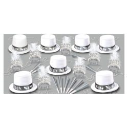 White Ice New Year Assortment For 50 white, toppers, top hat, tiara, velour, horns, party beads, party favors, new years eve, silver, ice, inexpensive, wholesale, bulk, white ice, nye, new year, countdown, ball drop