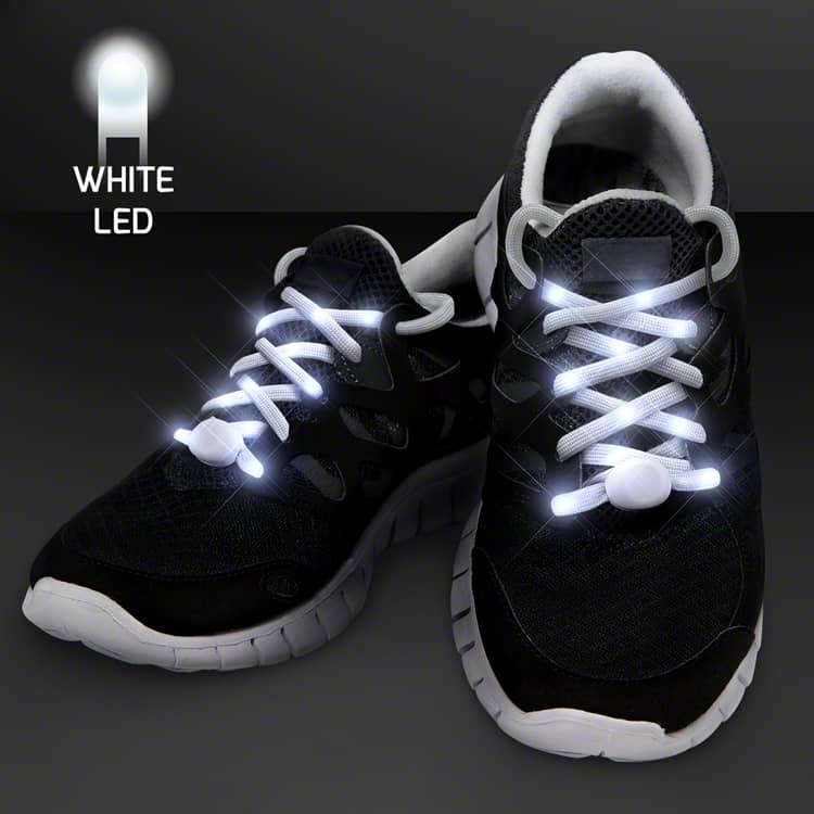 White LED Shoelaces for Night Fun Runs (Pack of 12) white LED shoelaces, light up shoelaces, glow shoelaces, nighttime running gear, fun run accessories, LED laces pack of 12, illuminated shoelaces, safety shoelaces, running accessories LED, glow in the dark laces