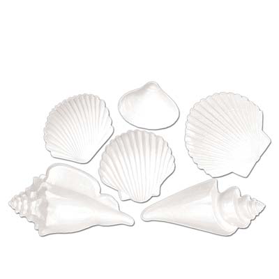 White Plastic Seashells in various designs made of molded plastic material.