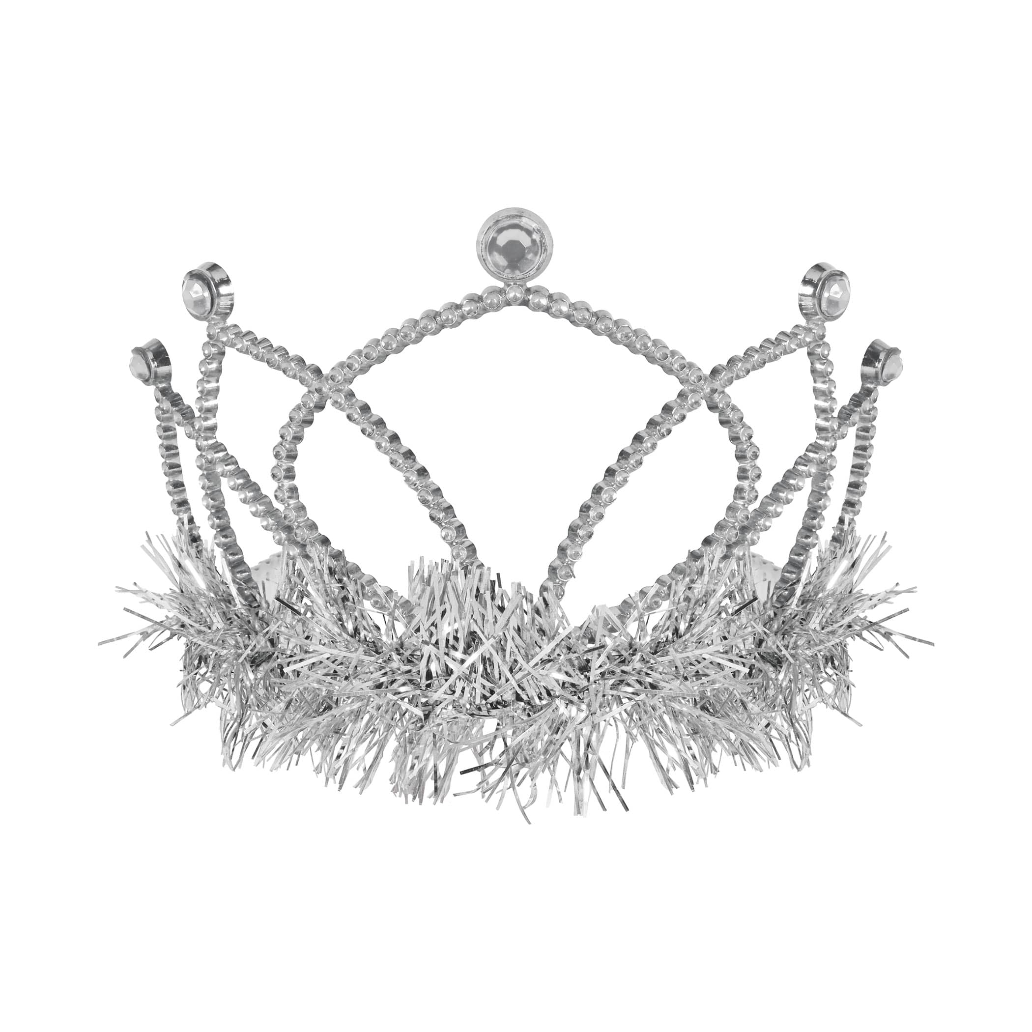 Silver Plastic Fringed Tiara (Pack of 12) silver plastic tiara, silver tiara party favors, tinsel fringe tiara, combs attached tiara, costume tiara, birthday tiara, kids party accessories, bulk tiaras, silver party decorations, Party Express tiaras