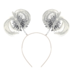 White Ponytail Boppers (Pack of 12) white ponytail boppers, synthetic hair boppers, metallic fringe boppers, snap-on headband boppers, party headbands, spirit day accessories, cheer accessories, white costume accessories, bulk party favors, Party Express boppers
