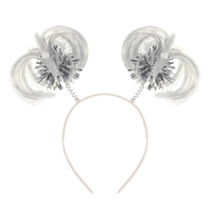 White Ponytail Boppers (Pack of 12) white ponytail boppers, synthetic hair boppers, metallic fringe boppers, snap-on headband boppers, party headbands, spirit day accessories, cheer accessories, white costume accessories, bulk party favors, Party Express boppers