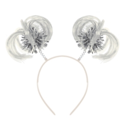 White Ponytail Boppers (Pack of 12) white ponytail boppers, synthetic hair boppers, metallic fringe boppers, snap-on headband boppers, party headbands, spirit day accessories, cheer accessories, white costume accessories, bulk party favors, Party Express boppers