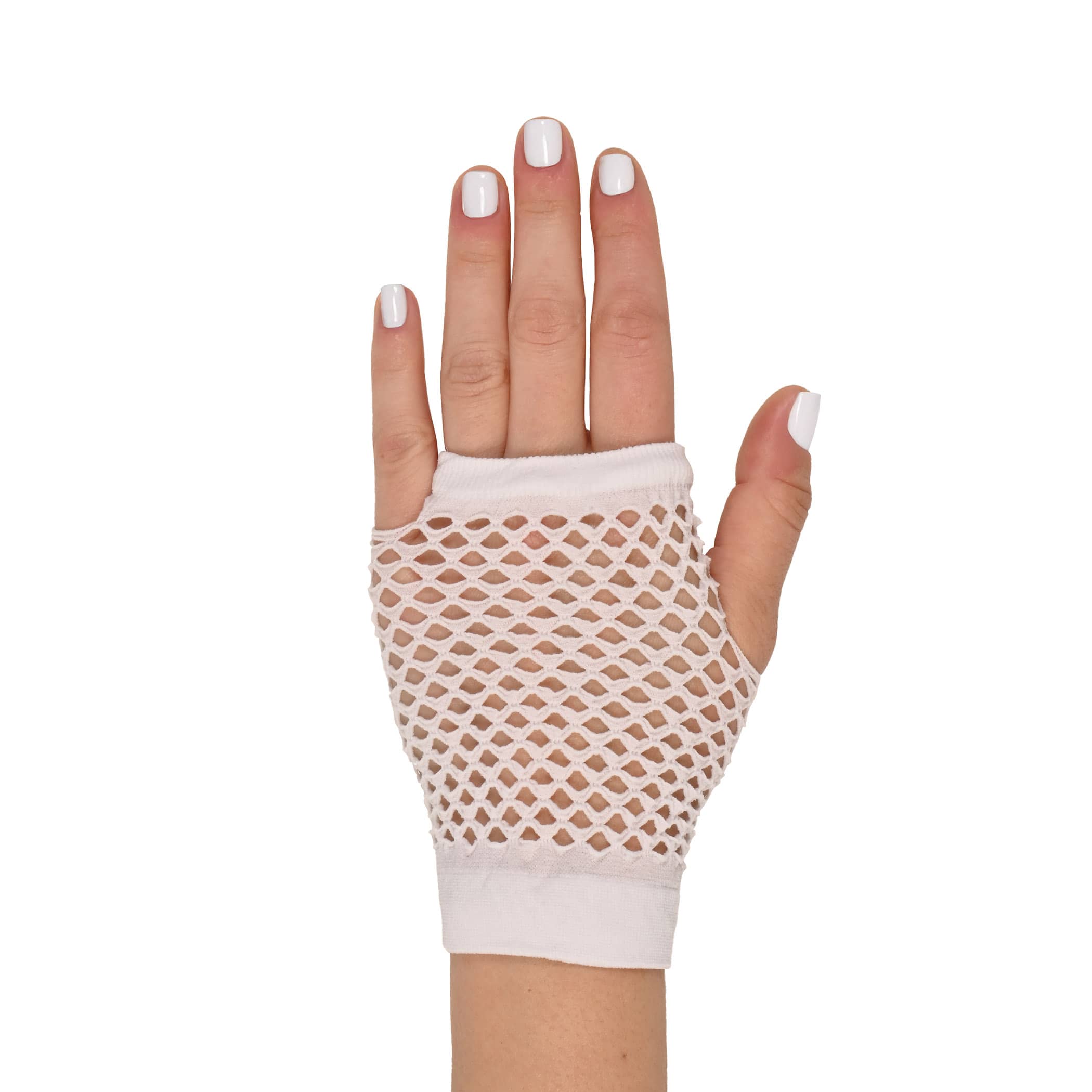 White Short Fishnet Gloves (Pack of 12 Pairs) white fishnet gloves, short fishnet gloves, 4 inch gloves, polyester fishnet gloves, 80s costume accessories, retro gloves, dance gloves, one size fits most gloves, Party Express gloves, pack of 12 gloves