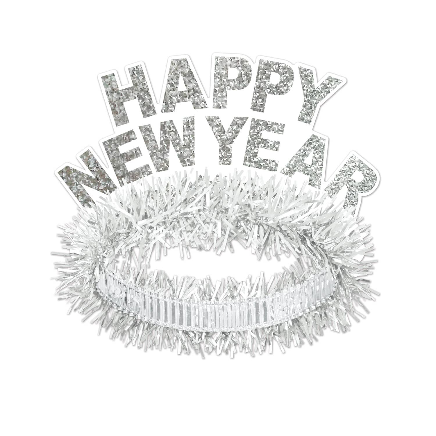 White fringed tiara with silver and white glittered Happy New Year.
