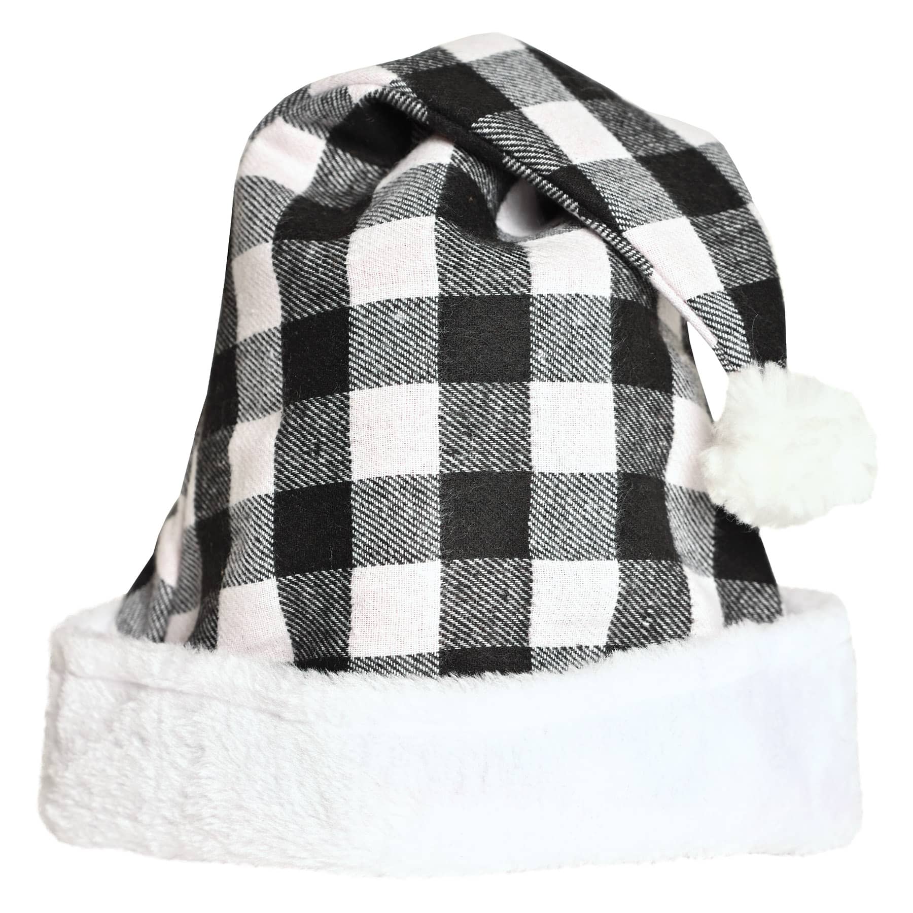 A traditional Santa hat made of felt white and black plaid material with white plush trim.