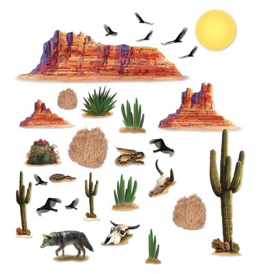 Wild West Desert Props of cacti, snakes, and other desert items on thin plastic material.
