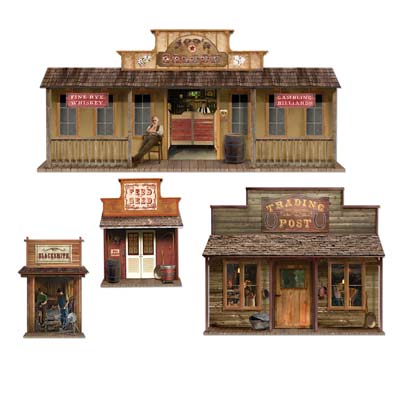 Wild West Town Props of town buildings on thin plastic material.