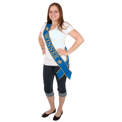 Winner Blue Satin Sash with Gold lettering and Stars