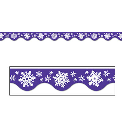 Wall border with blue background and assorted size and designed snowflakes.