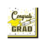 Yellow Congrats Grad Beverage Napkins (Pack of 432) yellow graduation napkins, congrats grad napkins, 2 ply beverage napkins, yellow party napkins, graduation tableware, quarter fold napkins, Party Express graduation supplies