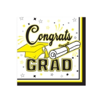 Yellow Congrats Grad Beverage Napkins (Pack of 432) yellow graduation napkins, congrats grad napkins, 2 ply beverage napkins, yellow party napkins, graduation tableware, quarter fold napkins, Party Express graduation supplies