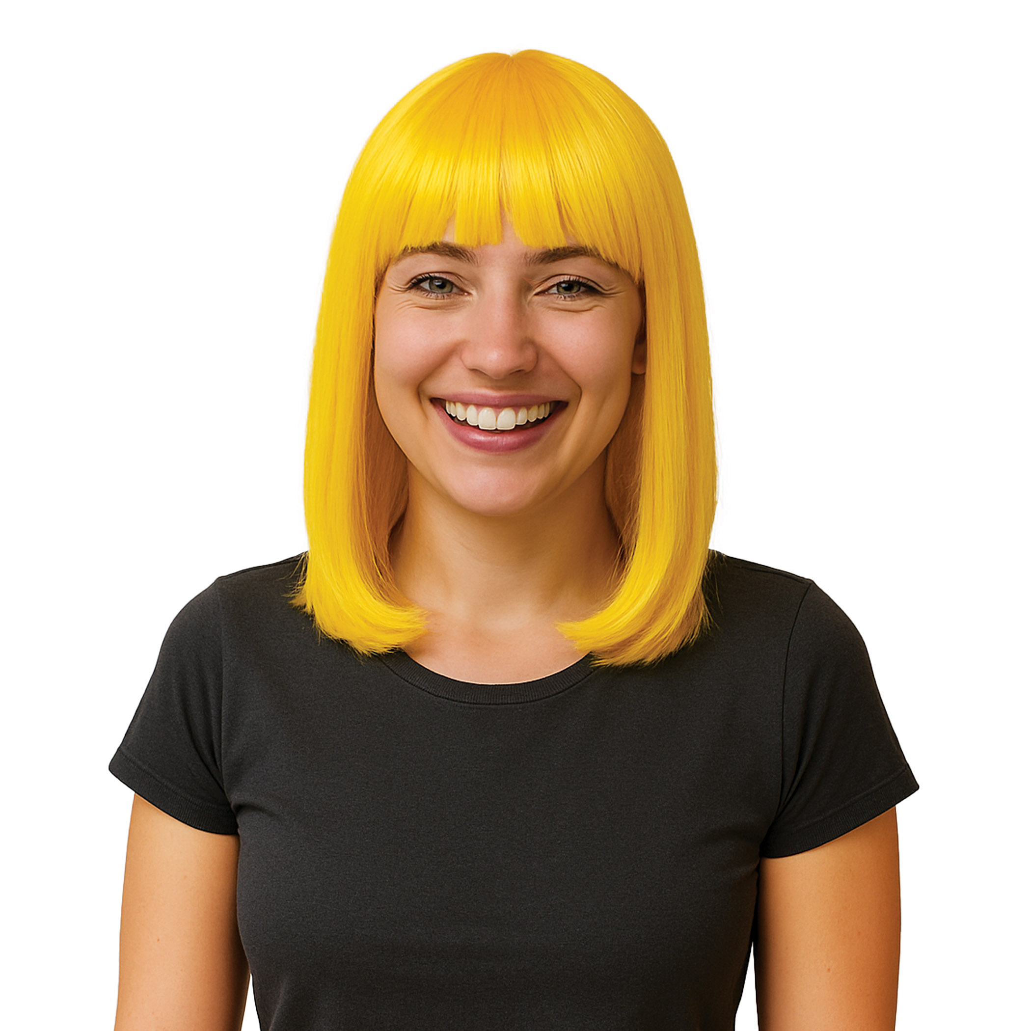 Yellow Long Bob Wig (Pack of 6) yellow long bob wig, yellow wig pack, synthetic fiber wig, flame resistant wig, costume wigs, party wigs, group costume accessories, one size fits most wig, team spirit wigs, Party Express wigs