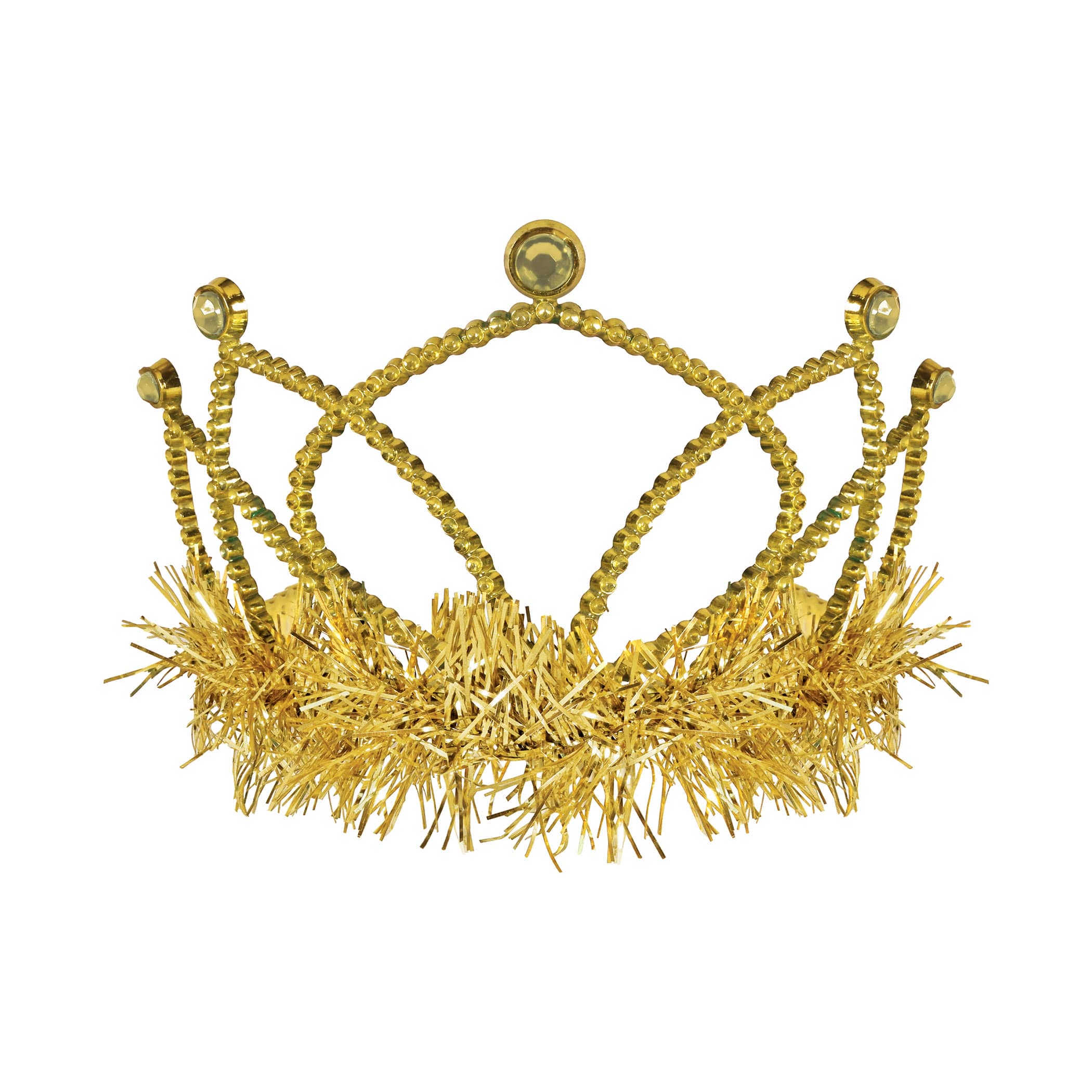 Gold Plastic Fringed Tiara (Pack of 12) gold plastic tiara, gold tiara party favors, tinsel fringe tiara, combs attached tiara, costume tiara, birthday tiara, kids party accessories, bulk tiaras, gold party decorations, Party Express tiaras