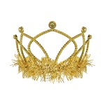 Gold Plastic Fringed Tiara (Pack of 12) gold plastic tiara, gold tiara party favors, tinsel fringe tiara, combs attached tiara, costume tiara, birthday tiara, kids party accessories, bulk tiaras, gold party decorations, Party Express tiaras
