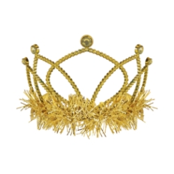 Gold Plastic Fringed Tiara (Pack of 12) gold plastic tiara, gold tiara party favors, tinsel fringe tiara, combs attached tiara, costume tiara, birthday tiara, kids party accessories, bulk tiaras, gold party decorations, Party Express tiaras