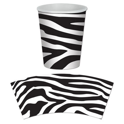 Paper cups printed with a white and black zebra print.