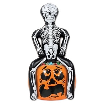 inflated cooler of a skeleton sitting on a jack-o-lantern 