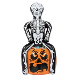 inflated cooler of a skeleton sitting on a jack-o-lantern 