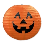 hanging paper lantern with a jack-o-lantern face