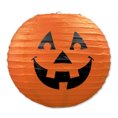 hanging paper lantern with a jack-o-lantern face
