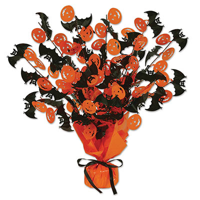 black and orange Halloween centerpiece with metallic black bats and orange jack-o-lanterns