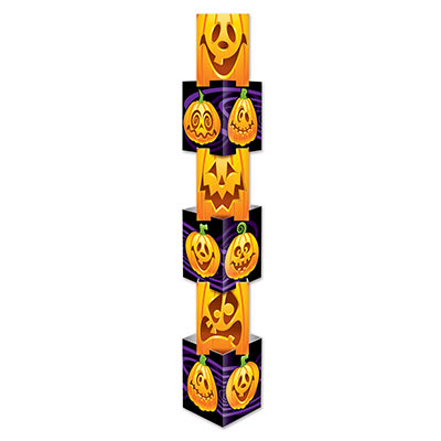 large stackable Halloween decoration with funny jack-o-lantern faces printed on the stacked boxes