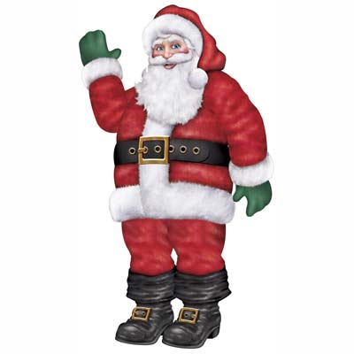 Large cutout of Santa with green gloves smiling and waving